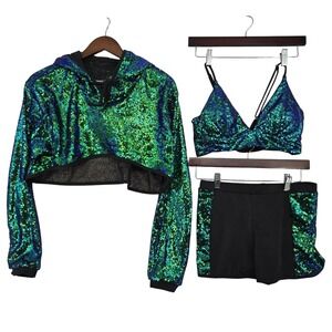 Revolution Dancewear S Sequin 3pc Dance Competiton Costum Crop Hoodie Bra Shorts